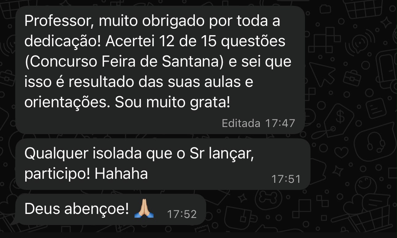 Mensagem de aluna que acertou 12 de 15 questões no concurso Feira de Santana