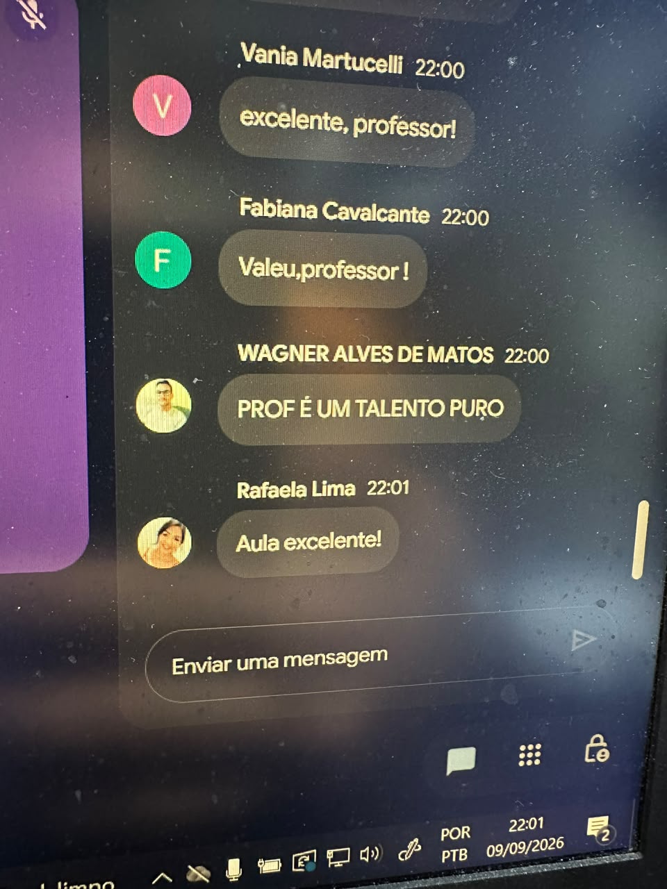 Mensagens de alunos após aula do Professor Leonardo Andrade