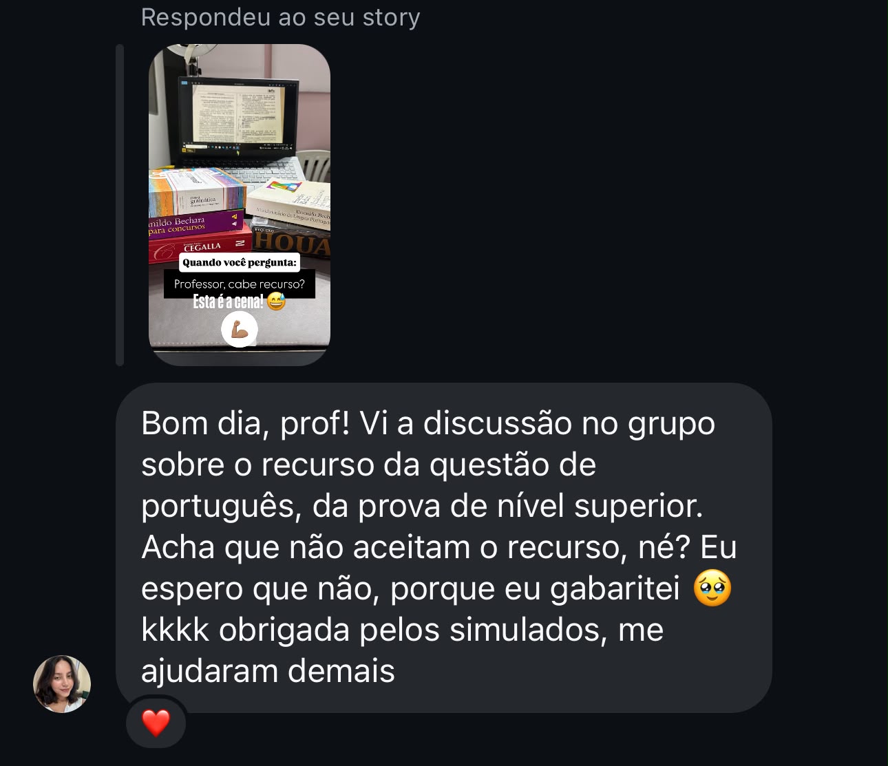 Mensagem de aluna sobre resultado em questão de português